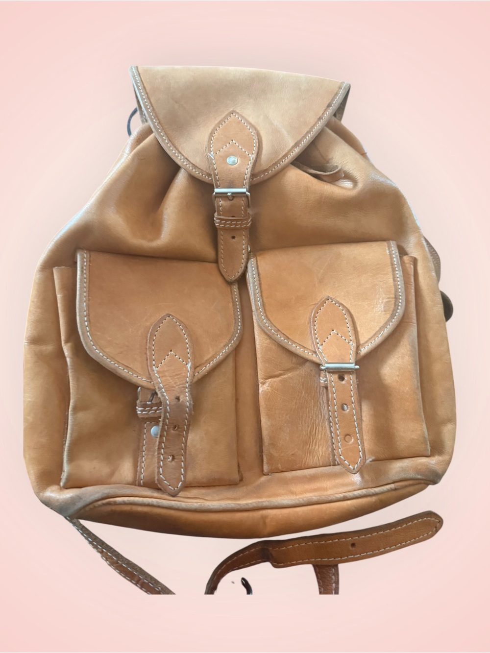 Vintage Tan Leather Pocket Front Backpack